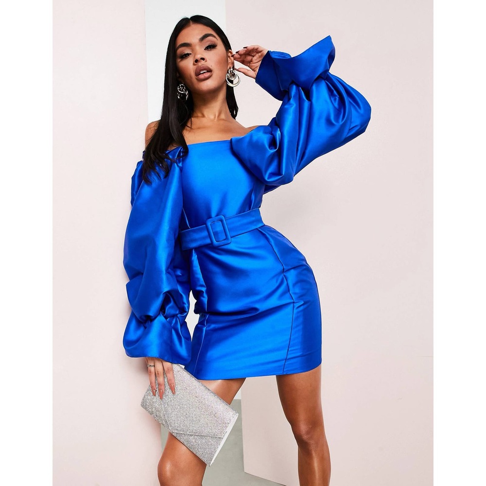 ASOS LUXE Belted Drama Sleeve Structured Satin Mini Dress Electric Blue Sz 8 NWT